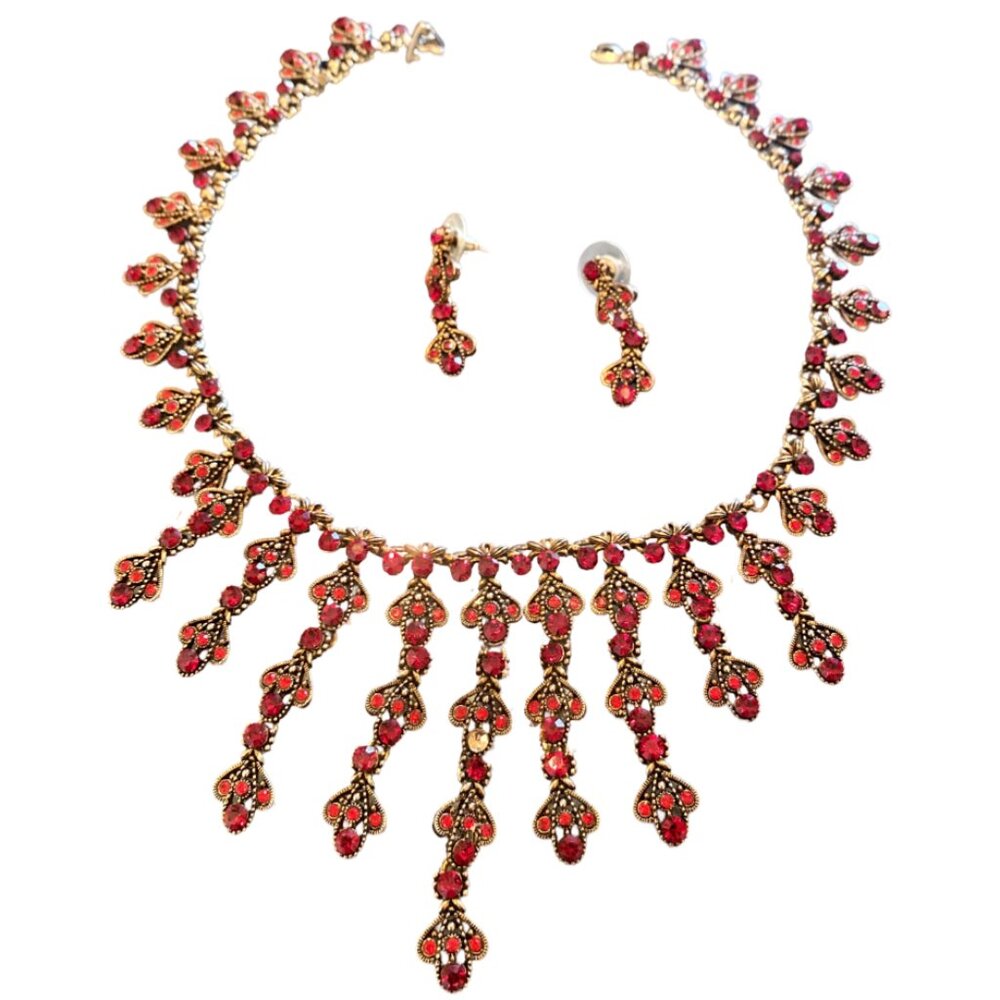 Elaborate Ruby Red Drippy Choker Necklace and Matching Earrings, 16 inches